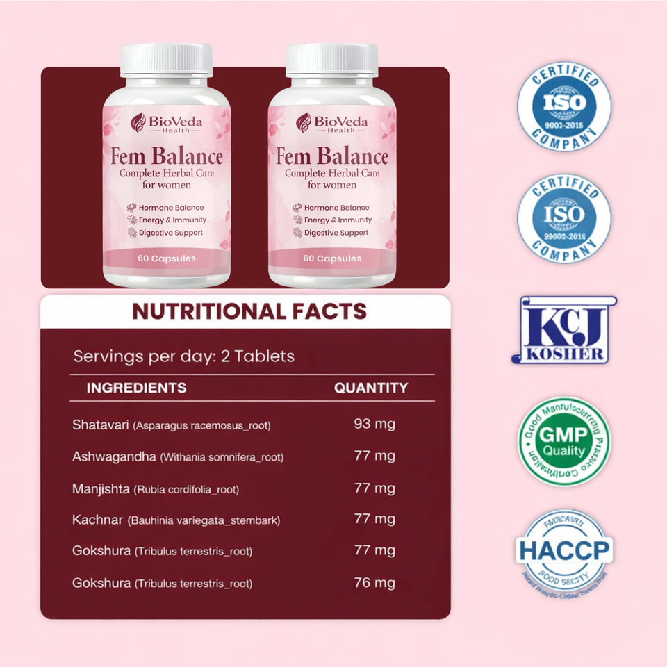 BioVeda Health Fem Balance Capsules – Complete Herbal Care for Women | Hormone Balance, Energy, Immunity & Digestive Support